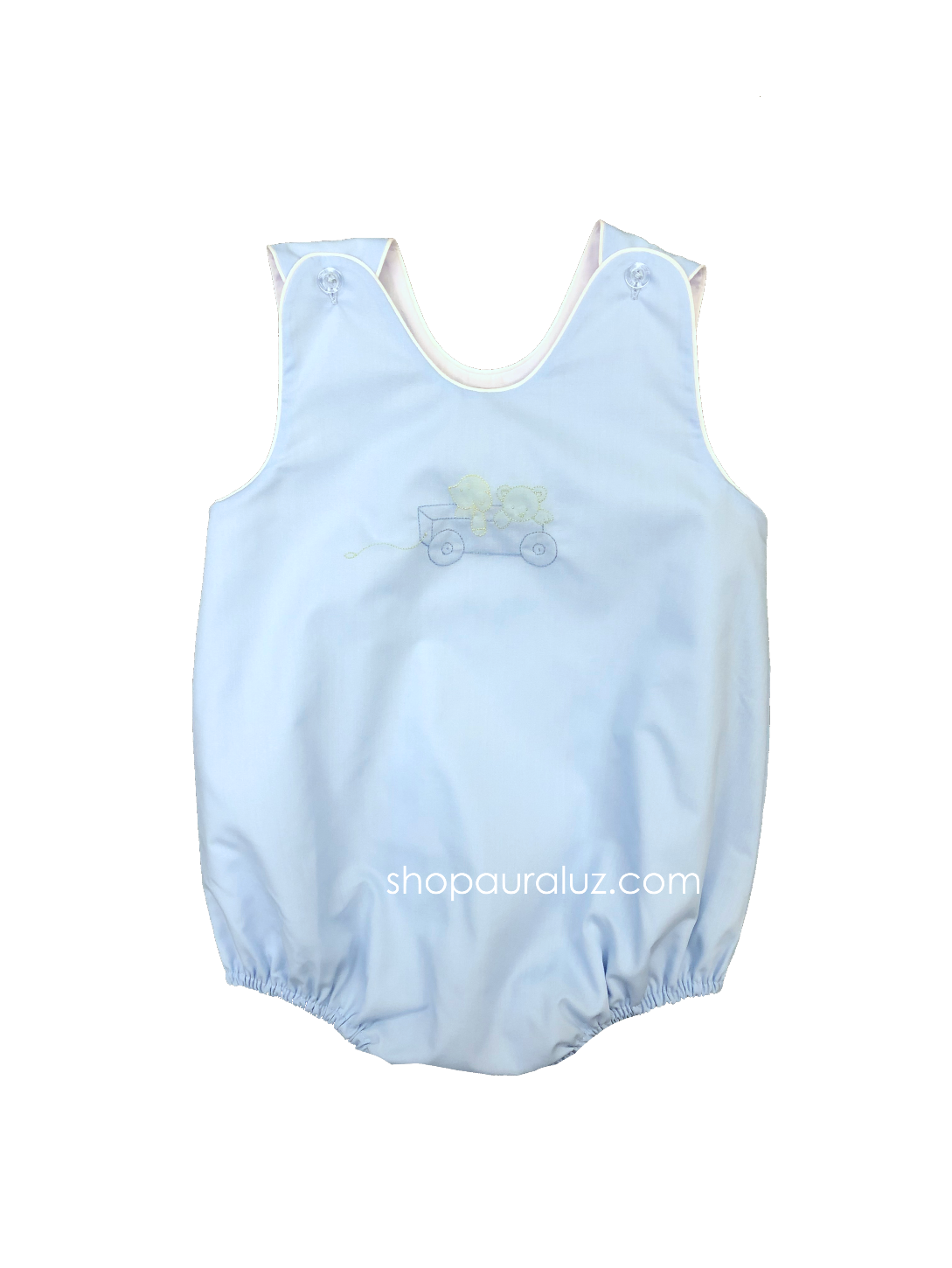 Auraluz Sleeveless Bubble..Blue with white binding and embroidered wagon w/puppy and teddy