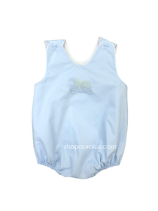 Auraluz Sleeveless Bubble..Blue with white binding and embroidered wagon w/puppy and teddy