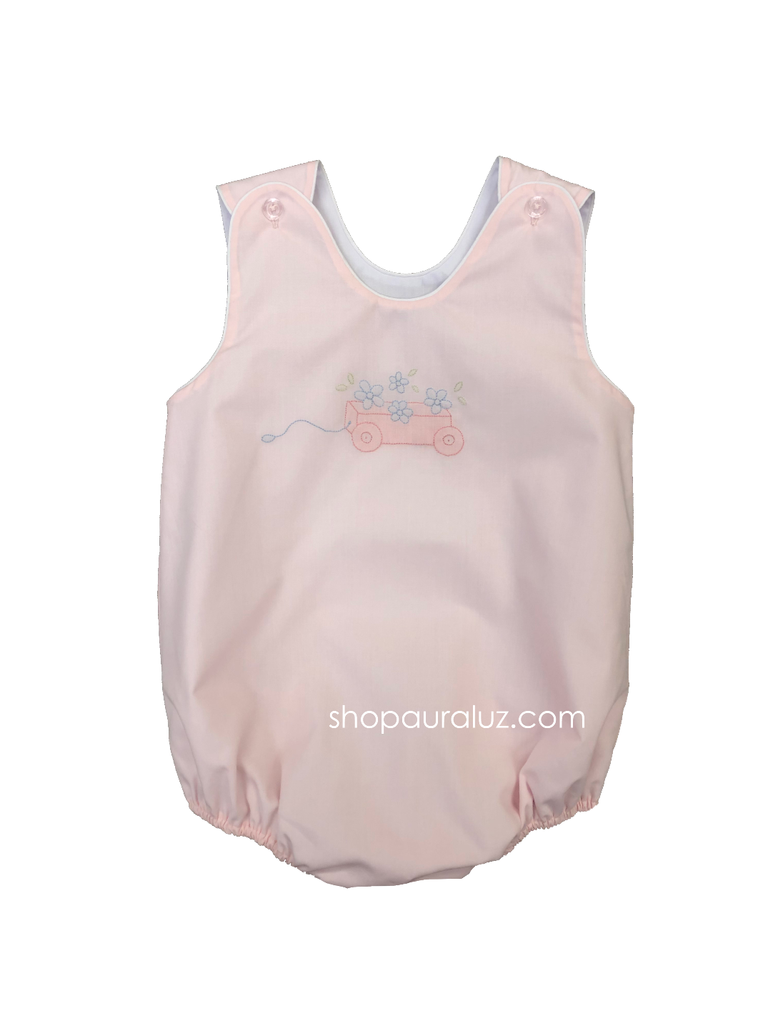 Auraluz Sleeveless Bubble..Pink with white binding and embroidered wagon w/flowers