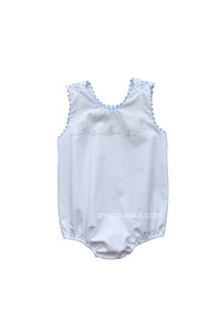 Auraluz Sleeveless Bubble..White with blue ric-rac and embroidered boats