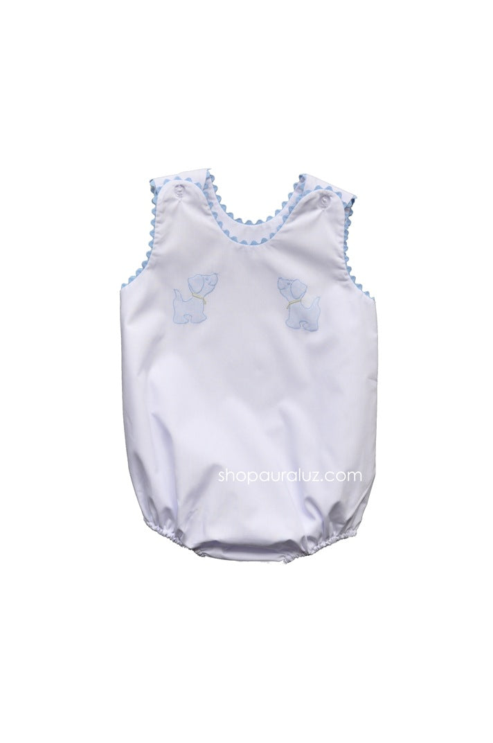 Auraluz Sleeveless Bubble..White with blue ric-rac and embroidered dogs