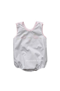 Auraluz Sleeveless Bubble..White with pink ric-rac and embroidered whales