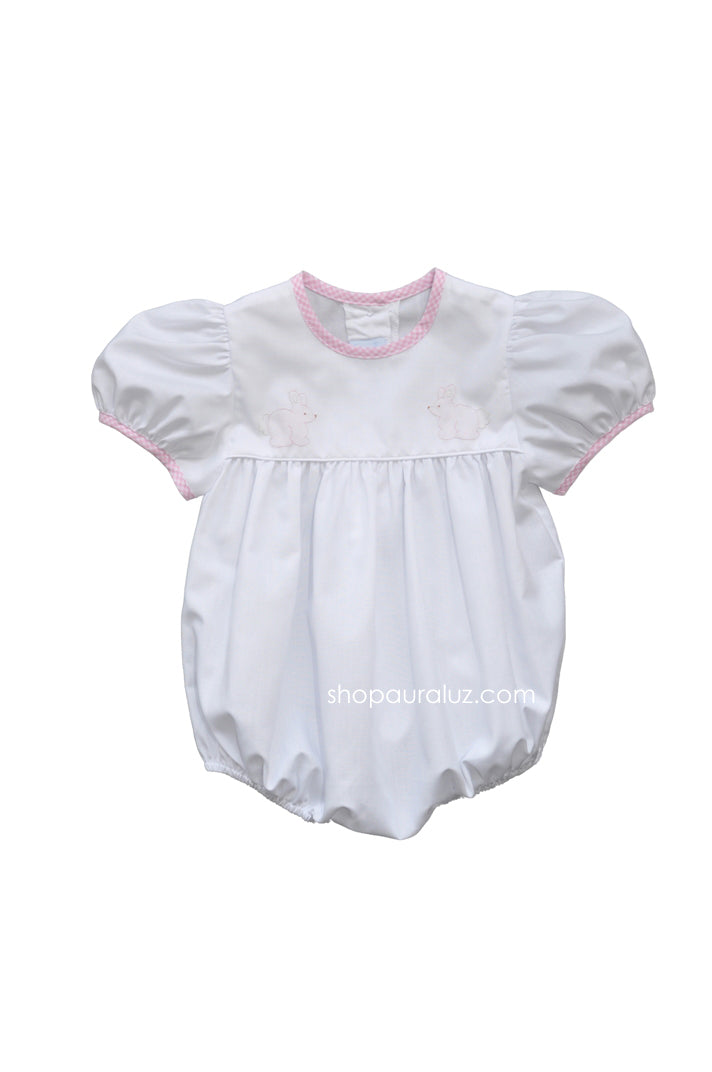 Auraluz Girl Bubble..White w/pink check trim, no collar and embroidered bunnies