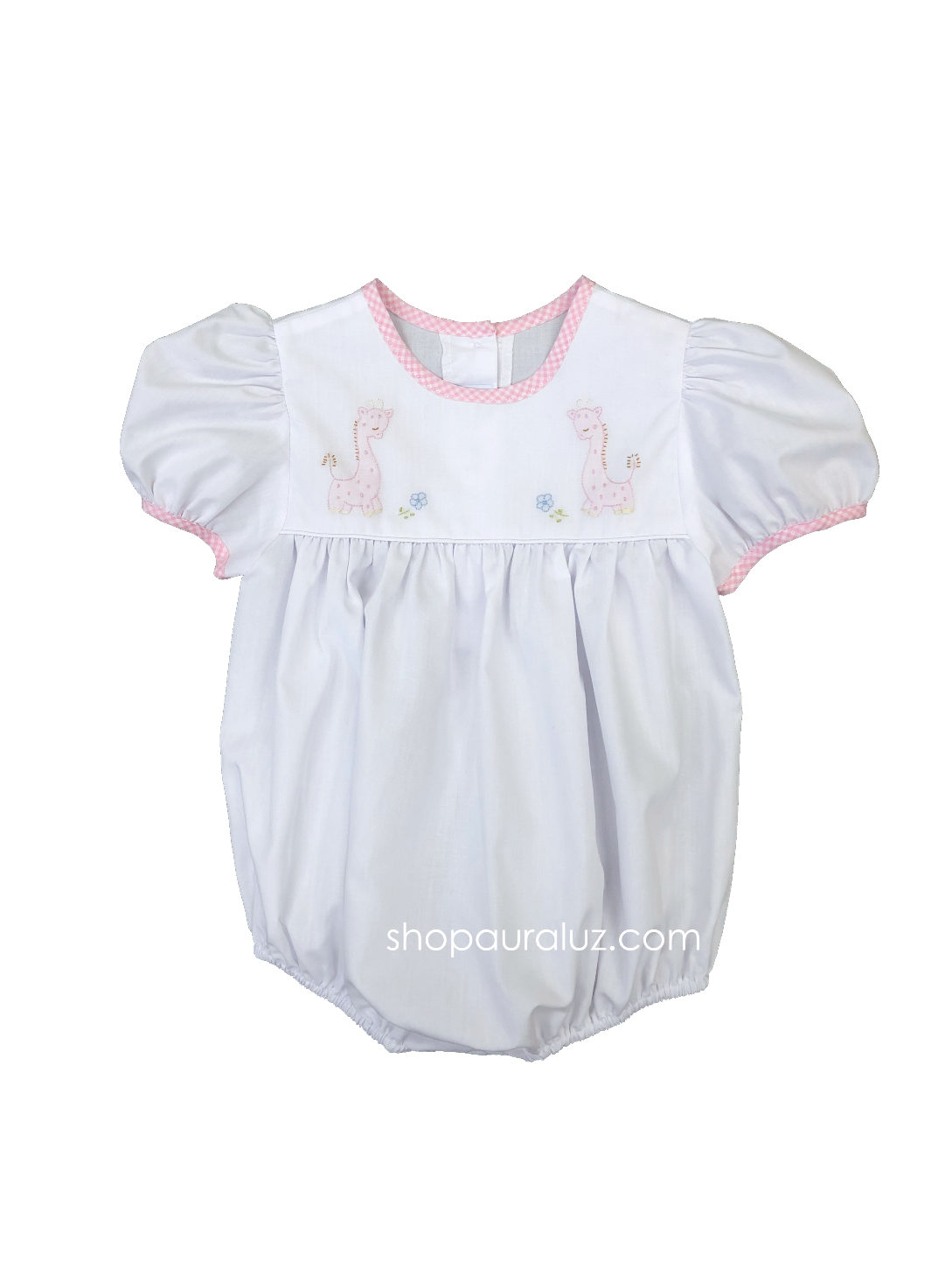 Auraluz Girl Bubble..White w/pink check trim, no collar and embroidered giraffes