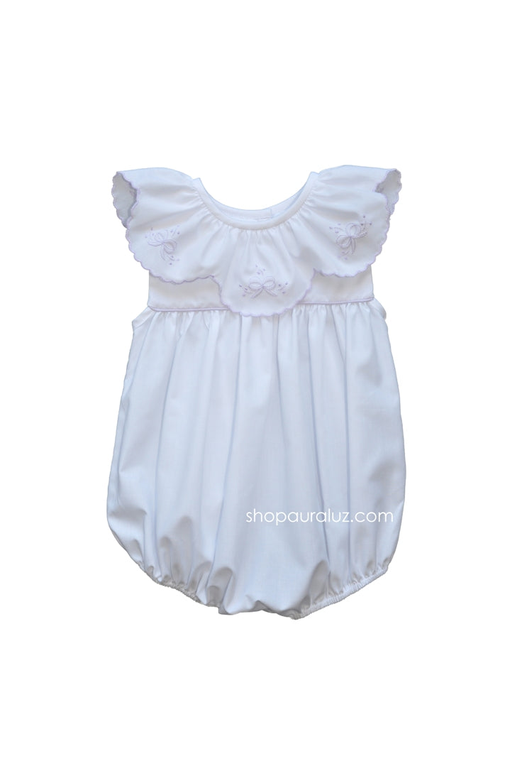 Auraluz Sleeveless Bubble...White with ruffle collar and lavender embroidered bows