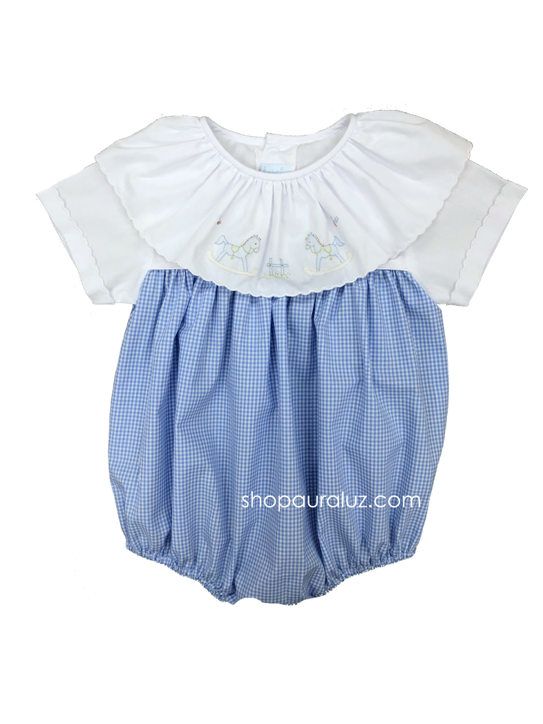 Auraluz Boy Bubble...Blue check with white ruffle collar and embroidered rocking horses
