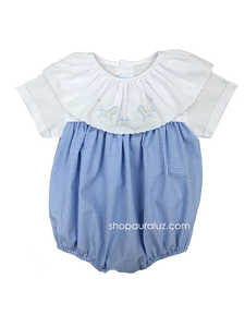 Auraluz Boy Bubble...Blue check with white ruffle collar and embroidered rocking horses