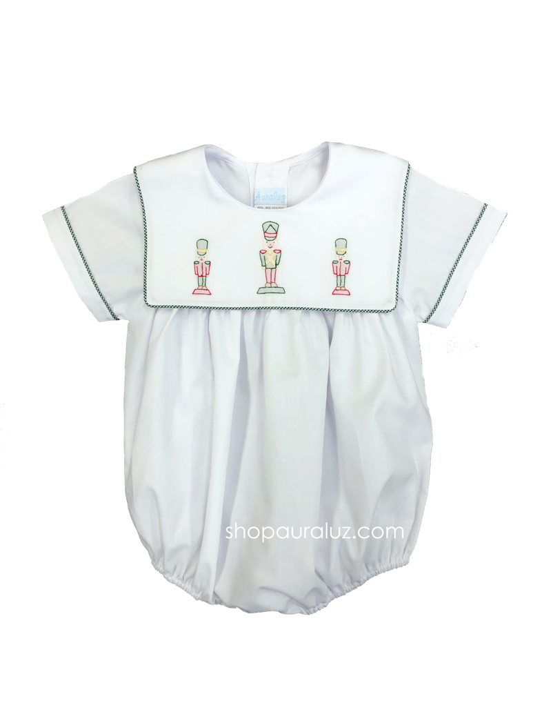 Auraluz Boy Bubble...White with green check trim, sq.collar and embroidered toy soldiers