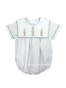 Auraluz Boy Bubble...White with green check trim, sq.collar and embroidered toy soldiers