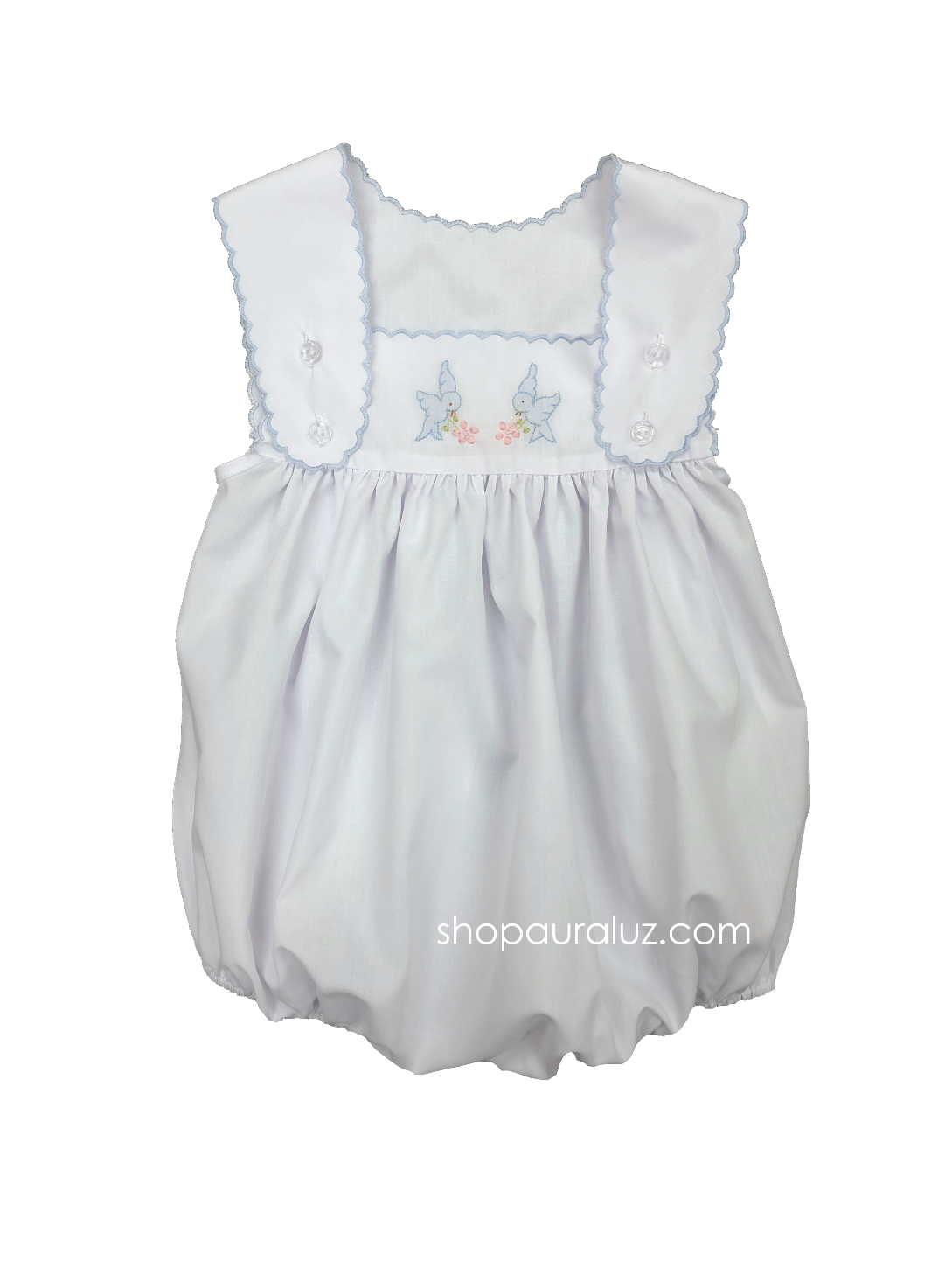 Auraluz Sleeveless Bubble..White with blue scallop trim and embroidered birds