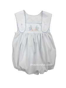 Auraluz Sleeveless Bubble..White with blue scallop trim and embroidered birds