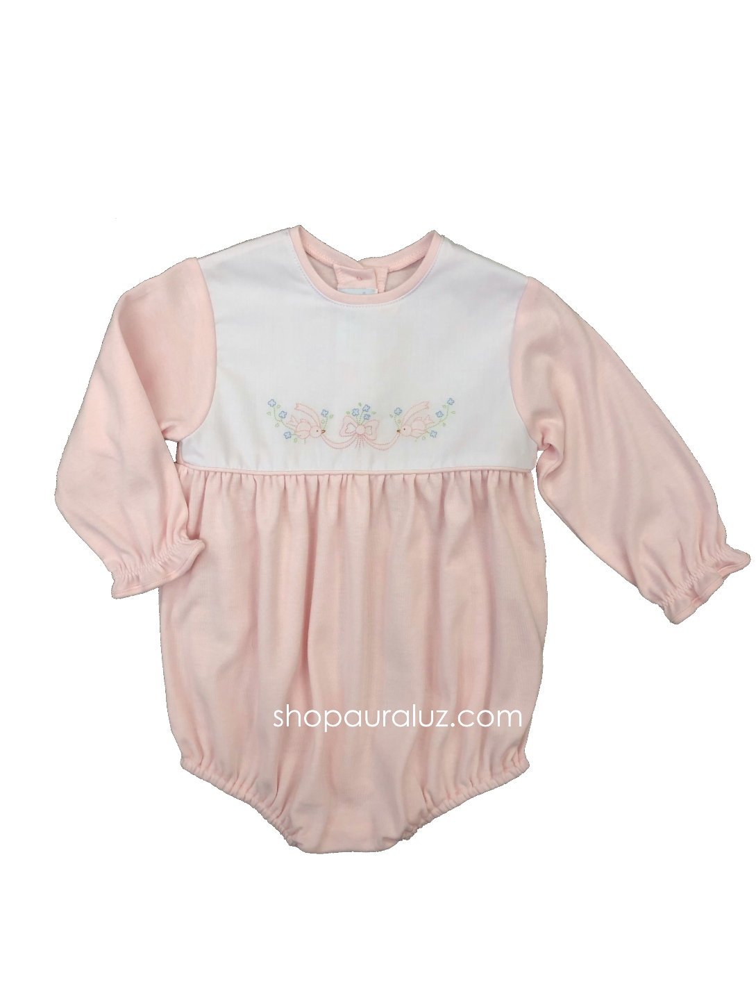 Auraluz Knit Bubble l/s...Pink with no collar and embroidered doves with ribbon