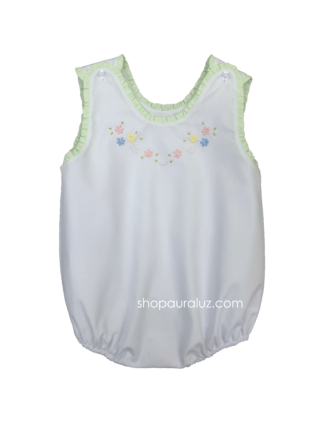 Auraluz Sleeveless Bubble..White with green ruffle trim and embroidered flowers