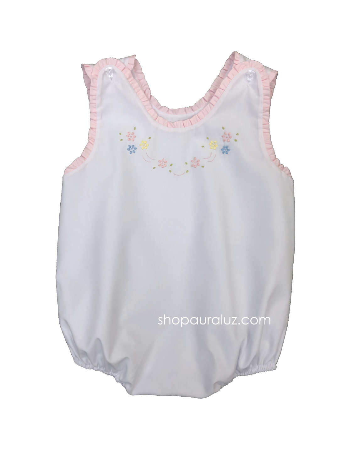 Auraluz Sleeveless Bubble..White with pink ruffle trim and embroidered flowers