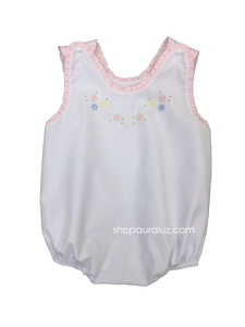 Auraluz Sleeveless Bubble..White with pink ruffle trim and embroidered flowers