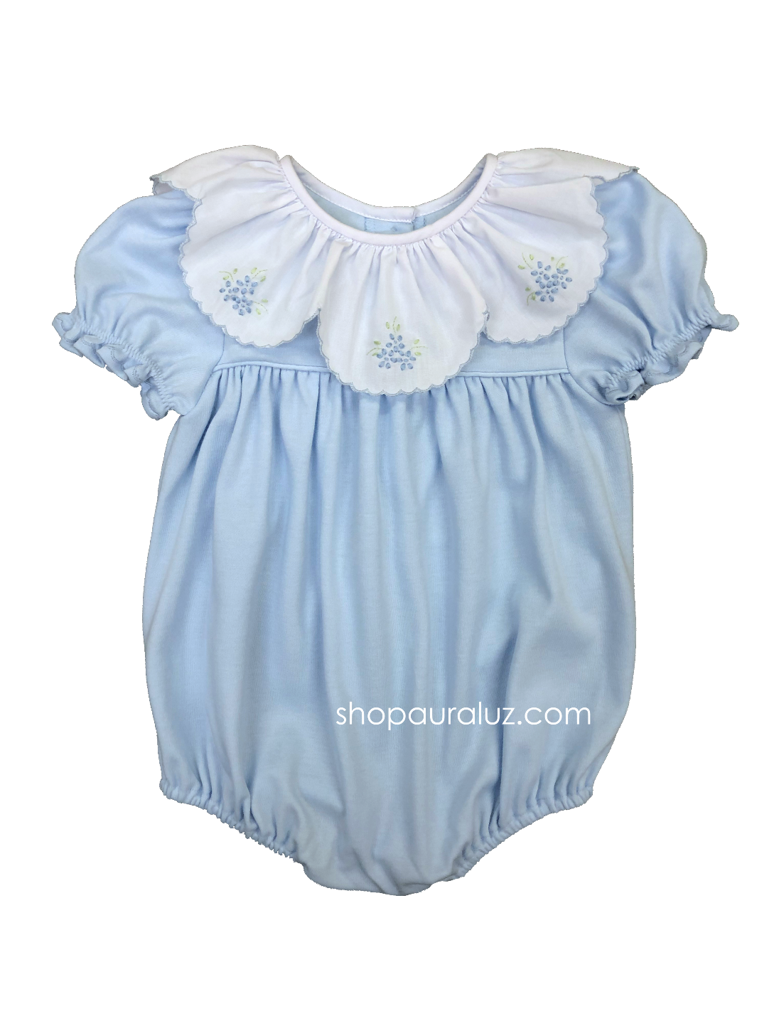Auraluz Knit Bubble..Blue with ruffle collar and embroidered flowers