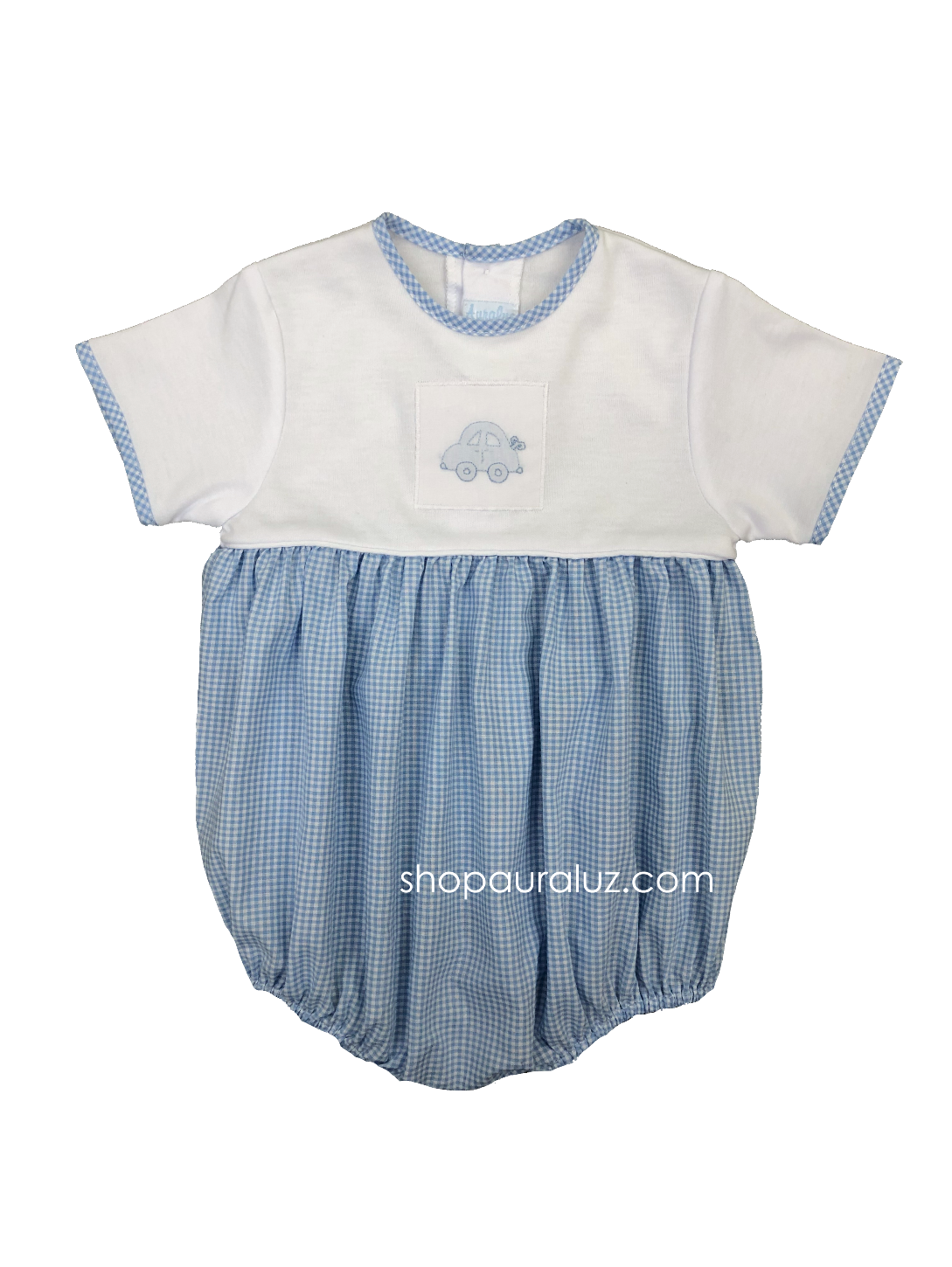 Auraluz Knit/Blue Check Boy Bubble...no collar and embroidered wind up cars