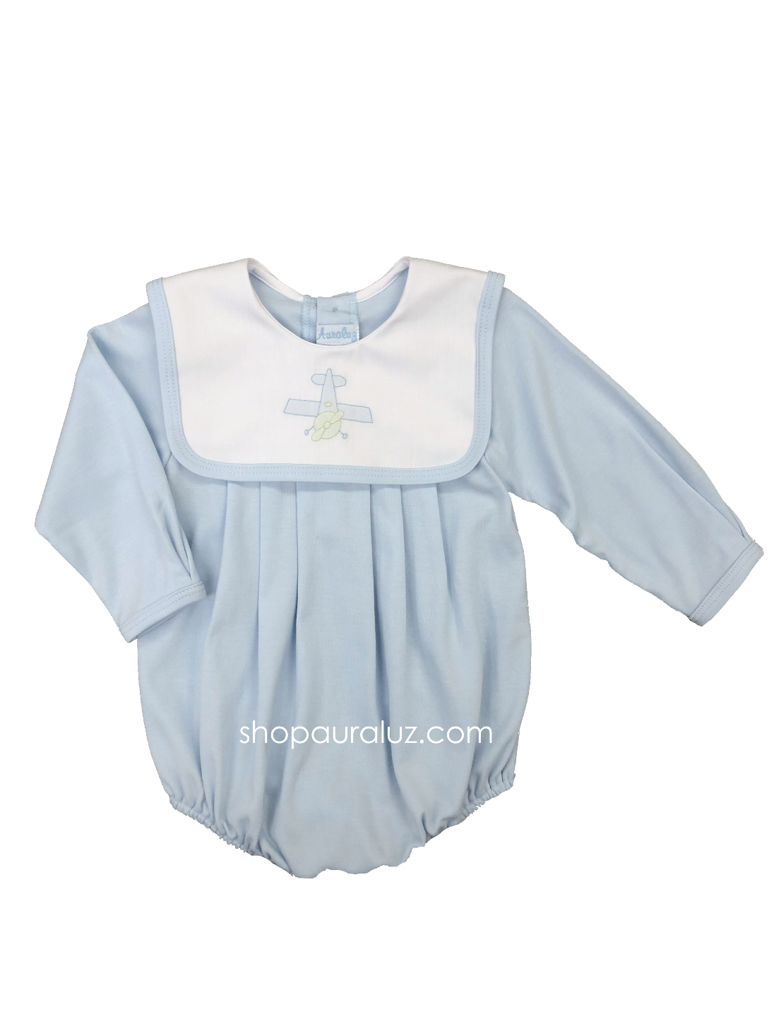 Auraluz Knit Boy Bubble, l/s...Blue with white square collar and embroidered airplane