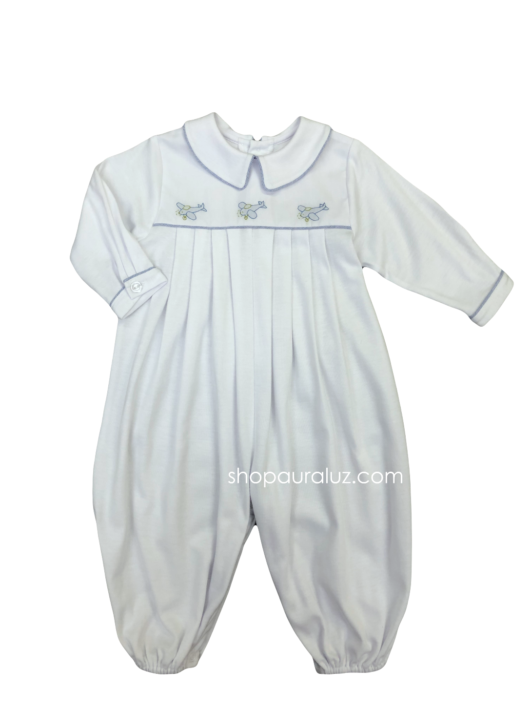 Auraluz White Knit Longall...White with navy trim and embroidered airplanes