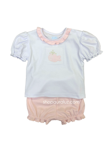 Auraluz Girl 2pc Knit Set..Pink bloomer/white shirt with embroidered whale