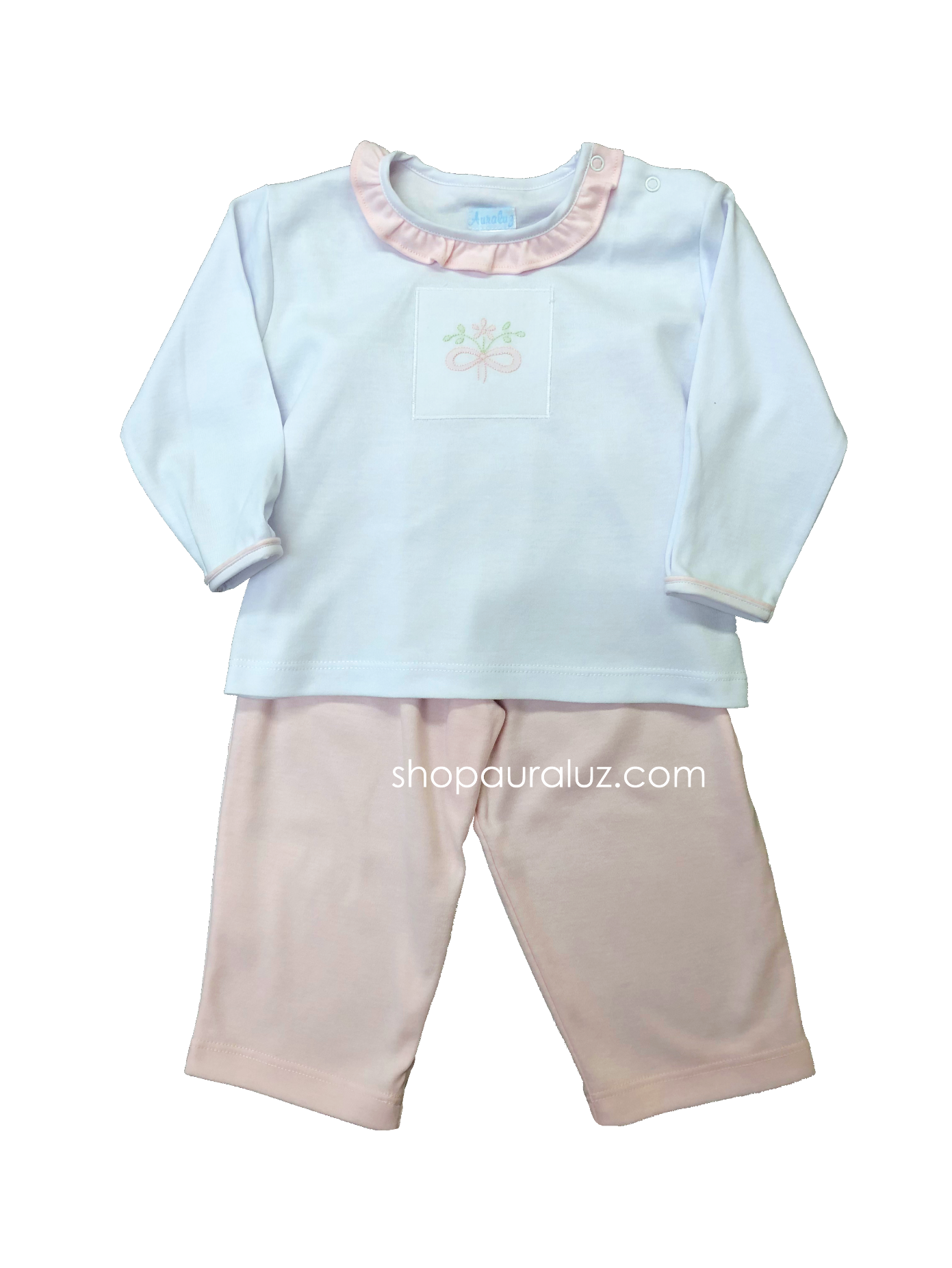Auraluz Knit Girl 2pc l/s...Pink/white with ruffle trim and embroidered bow