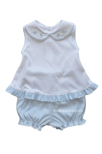 Auraluz Girl Sleeveless 2pc Knit Set..Blue/White with embroidered flowers