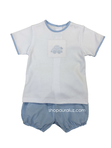 Auraluz 2pc Set...White knit top with embroidered wind up cars and blue check bloomer shorts