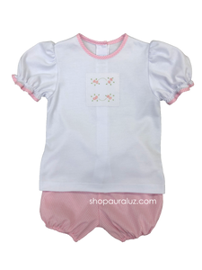 Auraluz Girl 2pc Set...White knit top with embroidered tiny buds and pink check bloomer shorts