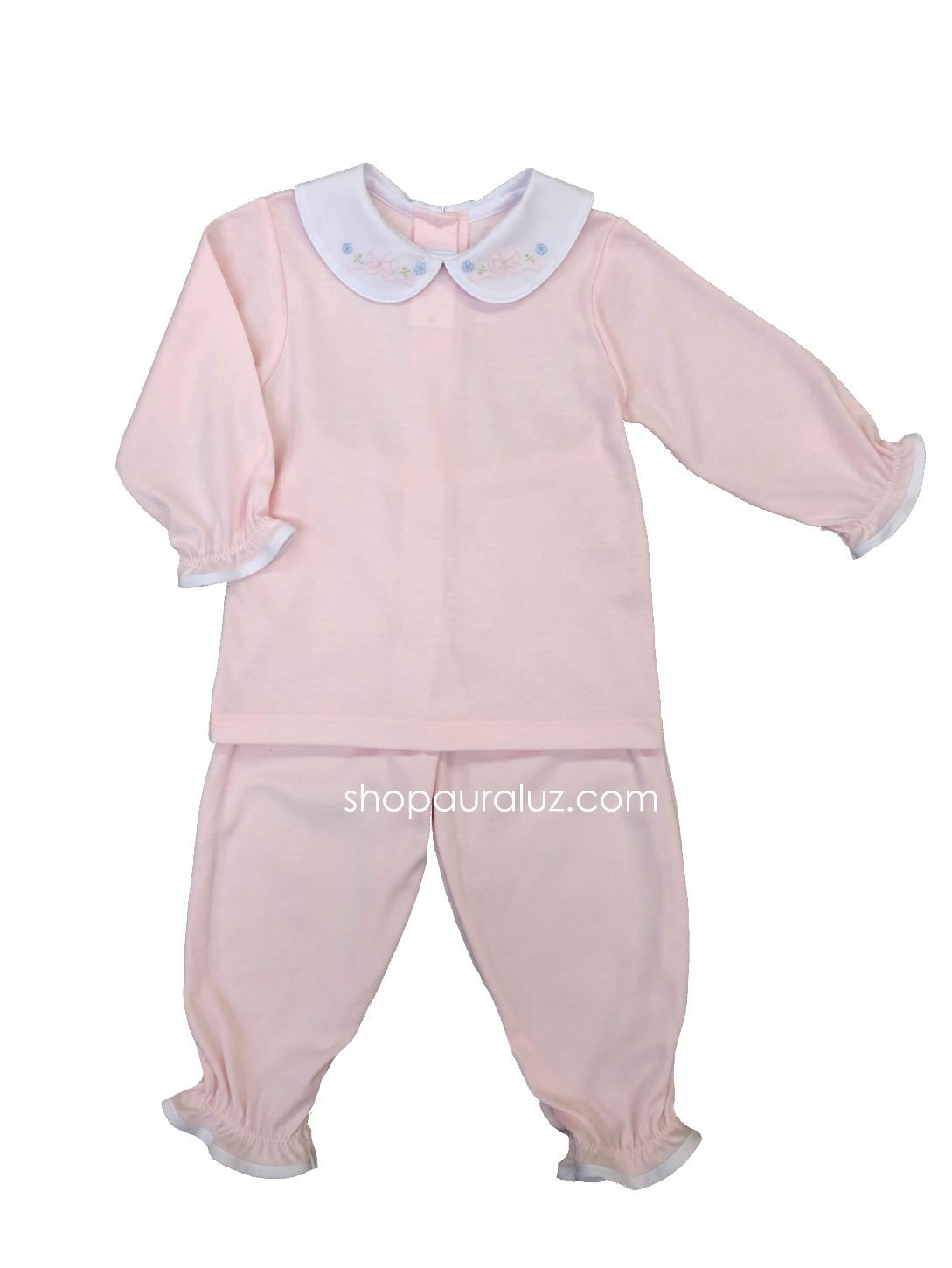 Auraluz Knit Girl 2pc l/s...Pink with p.p.collar and embroidered bows