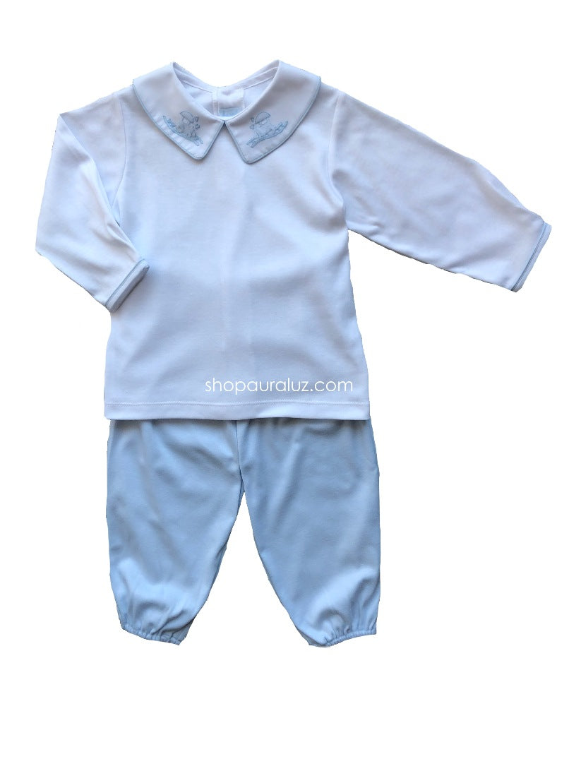 Auraluz Knit Boy 2pc l/s...Blue/white with boy collar and embroidered trains
