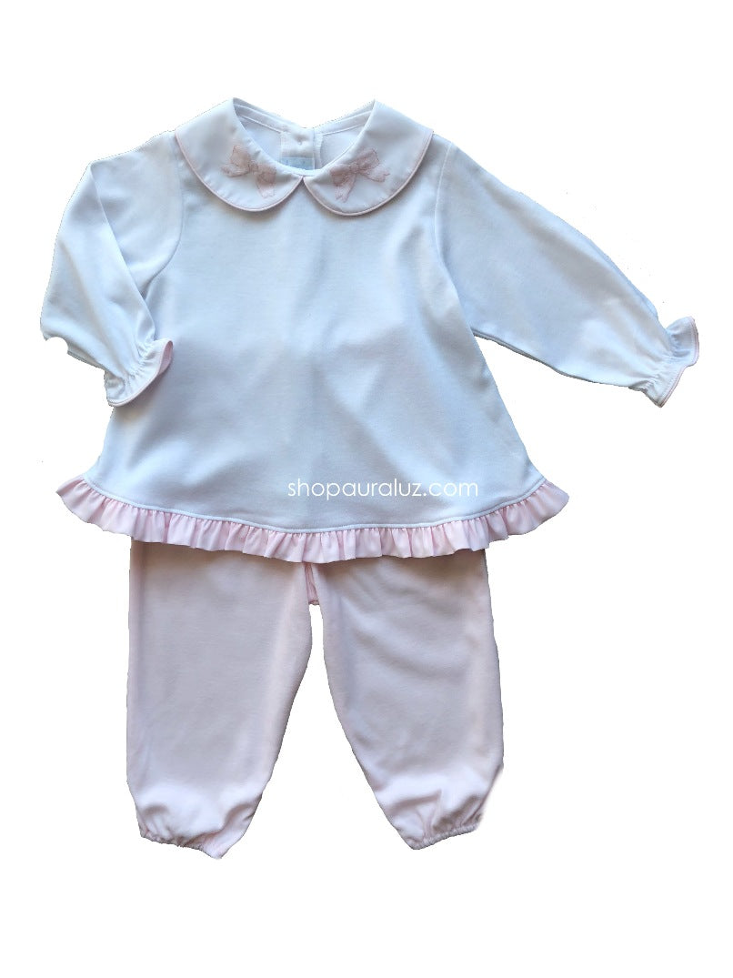 Auraluz Knit Girl 2pc l/s...Pink/white with p.p.collar and embroidered ribbon bows