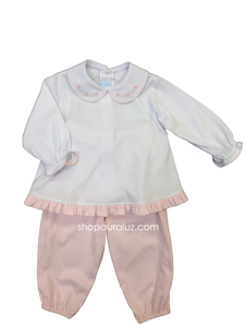 Auraluz Knit Girl 2pc l/s...Pink/white with p.p.collar and embroidered flowers