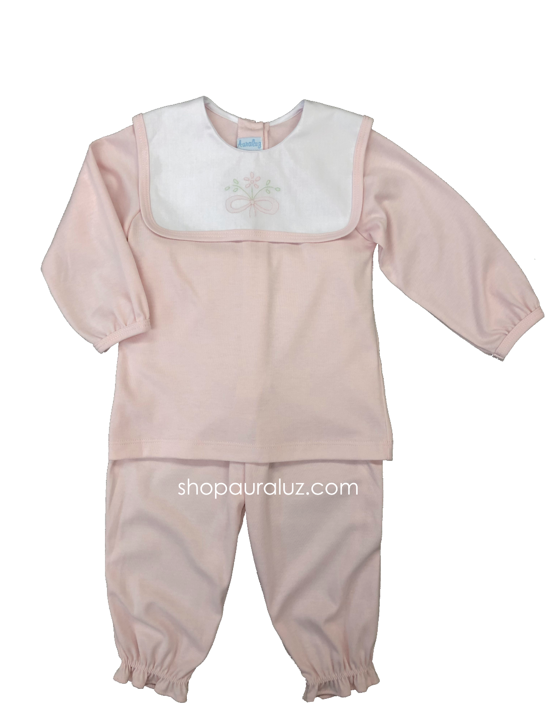 Auraluz Knit Girl 2pc...Pink with white square collar and embroidered bow