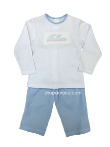 Auraluz 2pc Set...White l/s knit shirt with embroidered train and blue check pants
