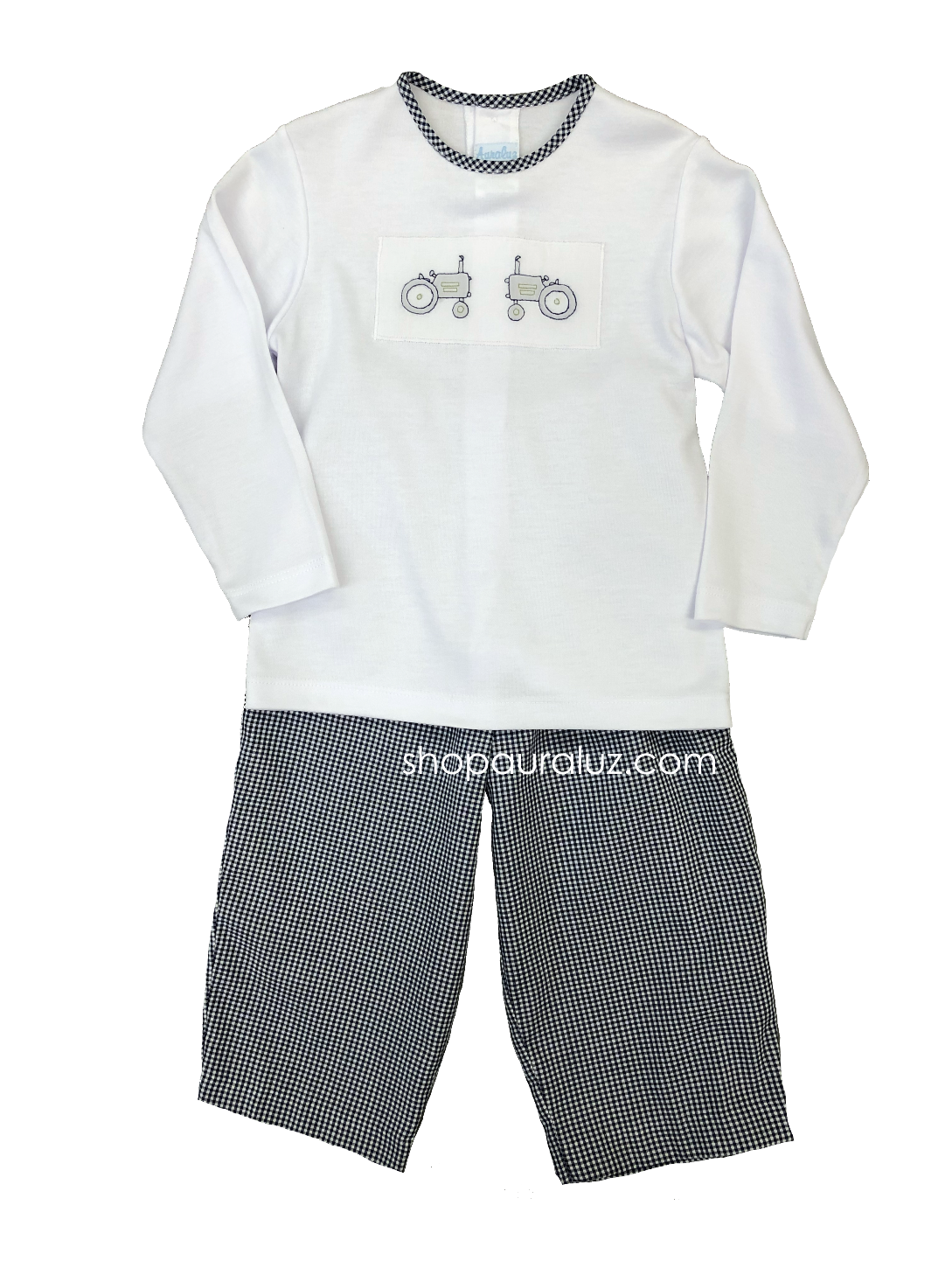 Auraluz 2pc Set...White l/s knit shirt with embroidered tractors and navy check pants