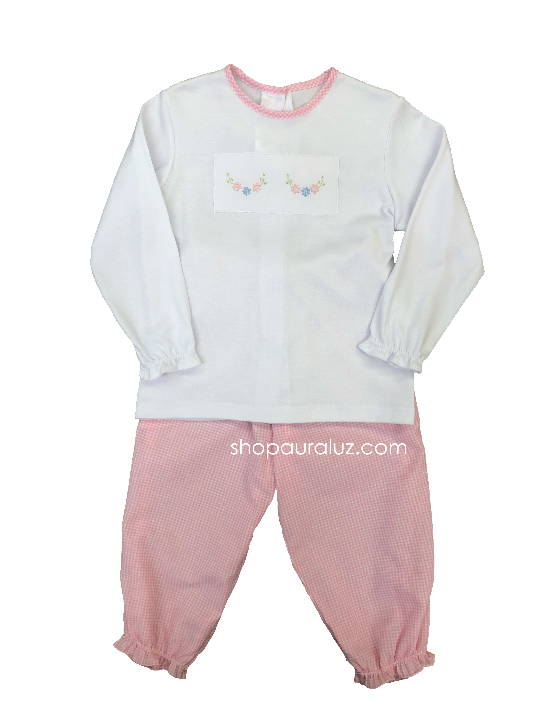 Auraluz 2pc Set...White l/s knit shirt with embroidered flowers and pink check pants