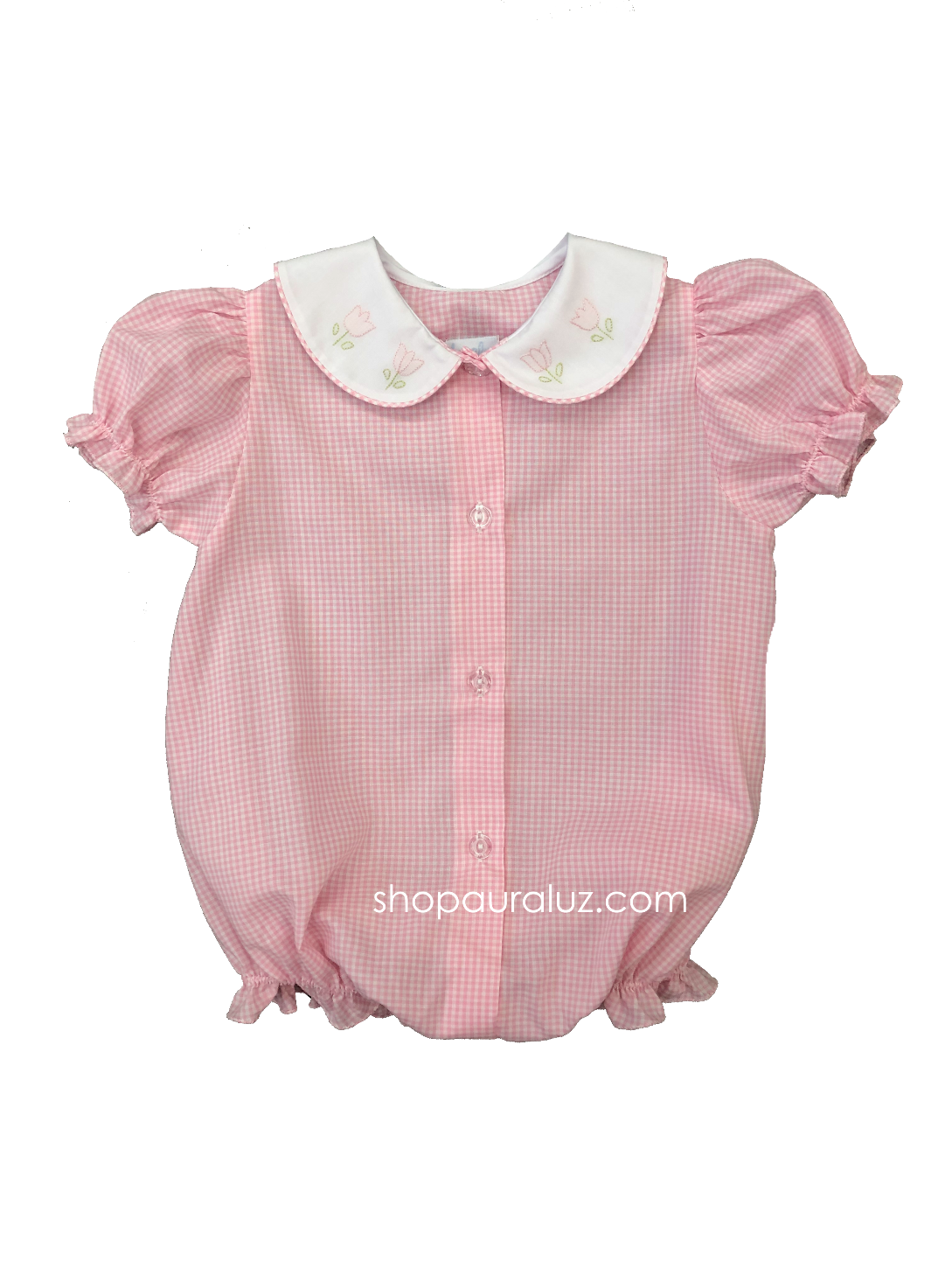 Auraluz Girl Bubble/Button-Front..Pink check w/white p.p. collar and embroidered tulips