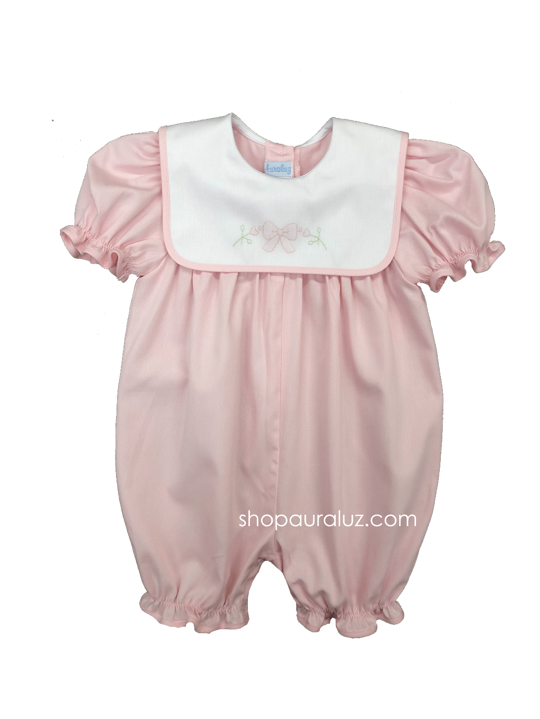 Auraluz Pique Shortall..Pink with white square collar and embroidered bow