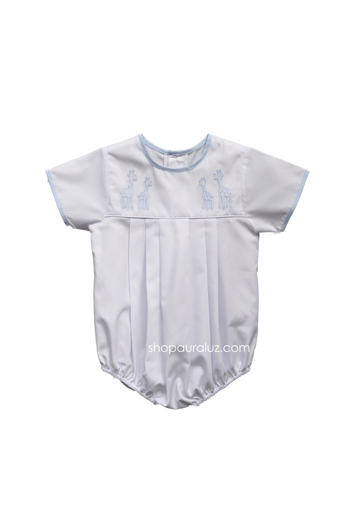 Auraluz Boy Bubble..White with blue binding trim, no collar and embroidered giraffes