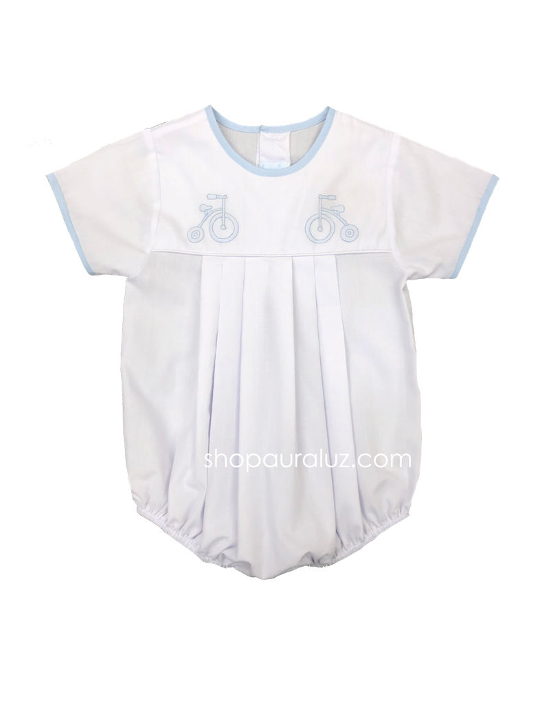 Auraluz Boy Bubble..White with blue binding trim, no collar and embroidered tricycle