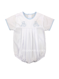 Auraluz Boy Bubble..White with blue binding trim, no collar and embroidered tricycle