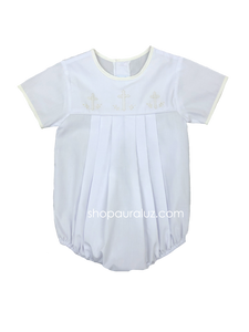 Auraluz Boy Bubble..White with ecru binding trim, no collar and embroidered crosses
