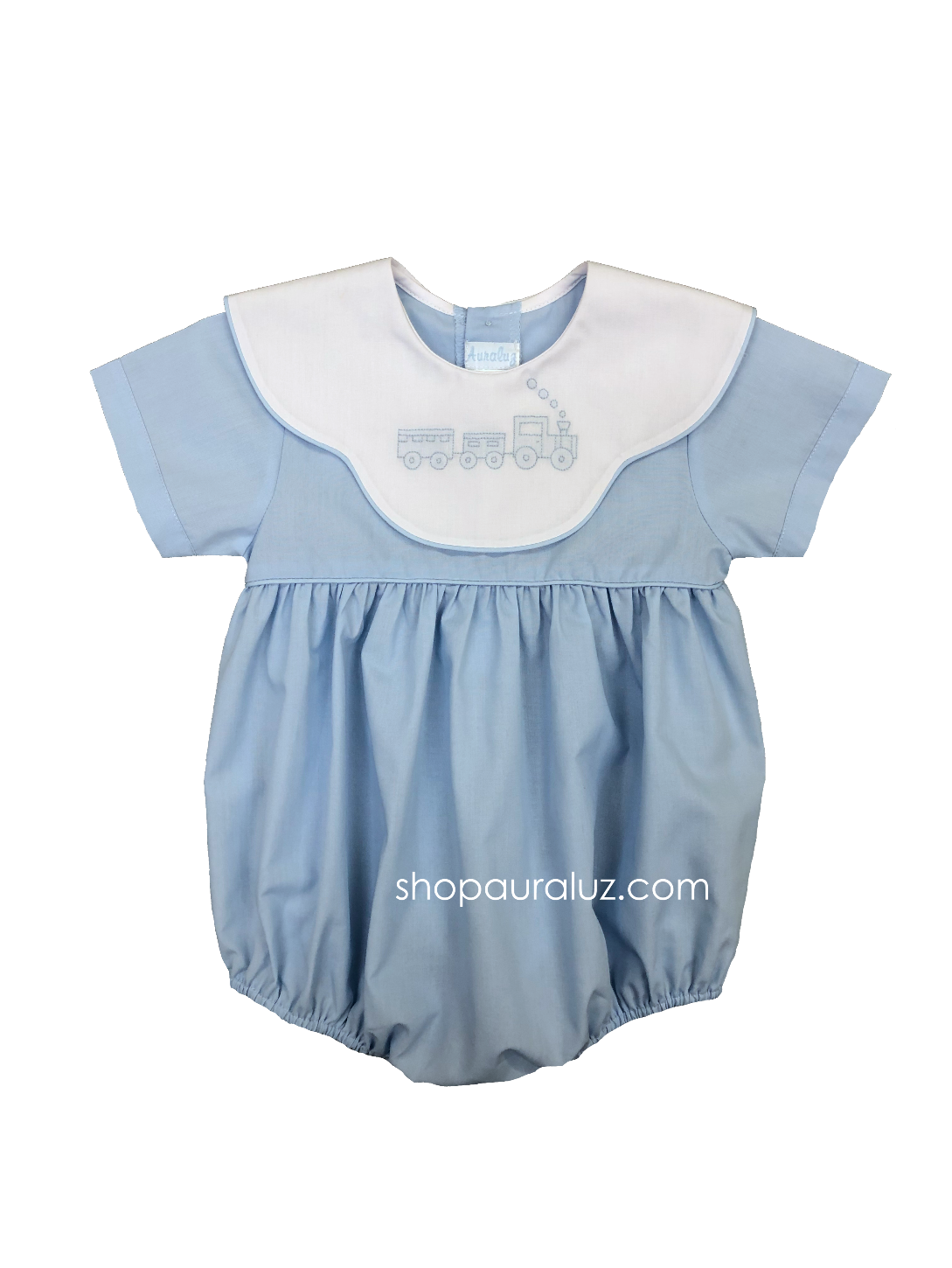 Auraluz Bubble, s/s...Blue w/binding, white scalloped collar and embroidered train