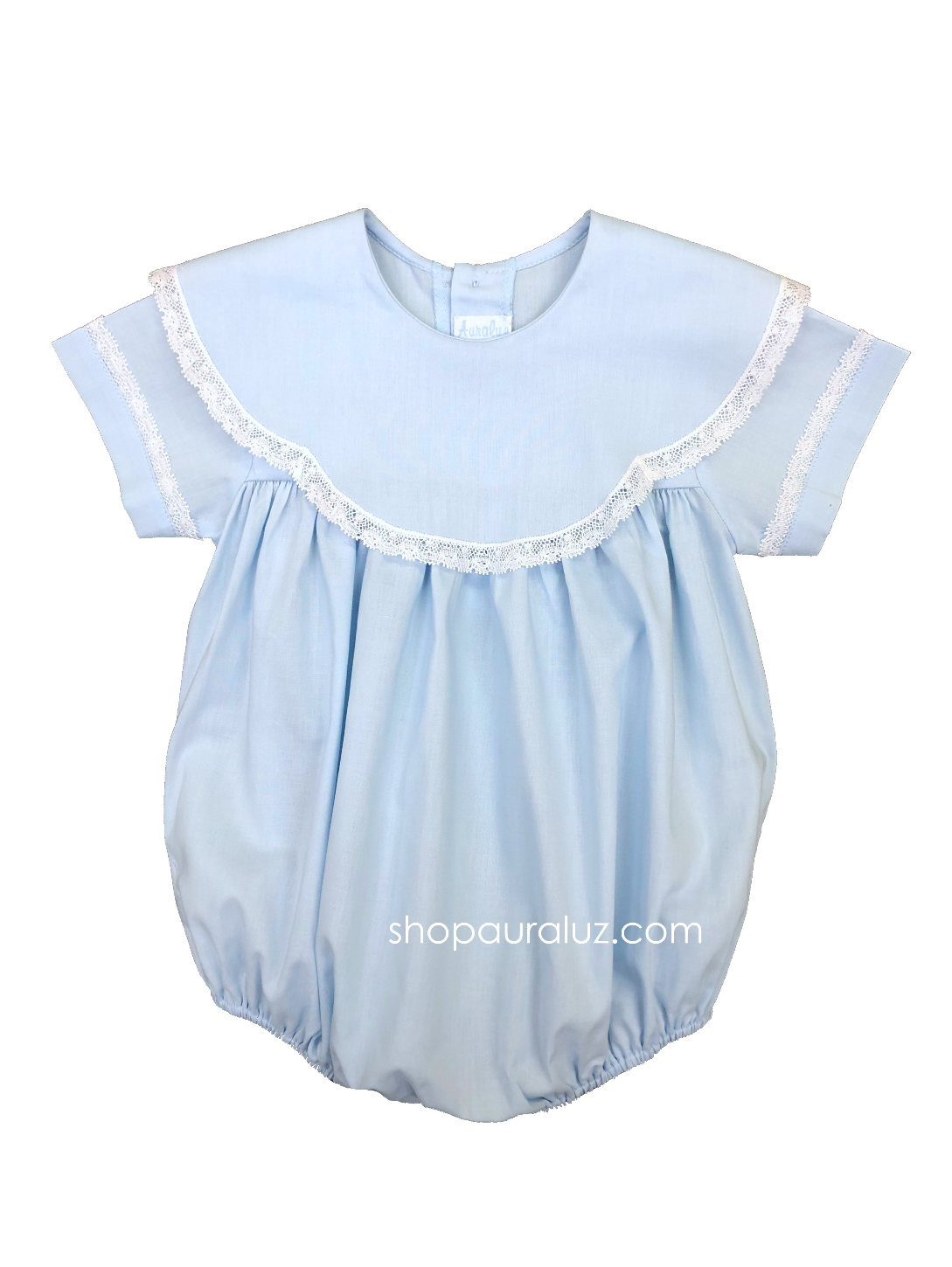 Auraluz Bubble...Blue with white lace, scalloped round collar
