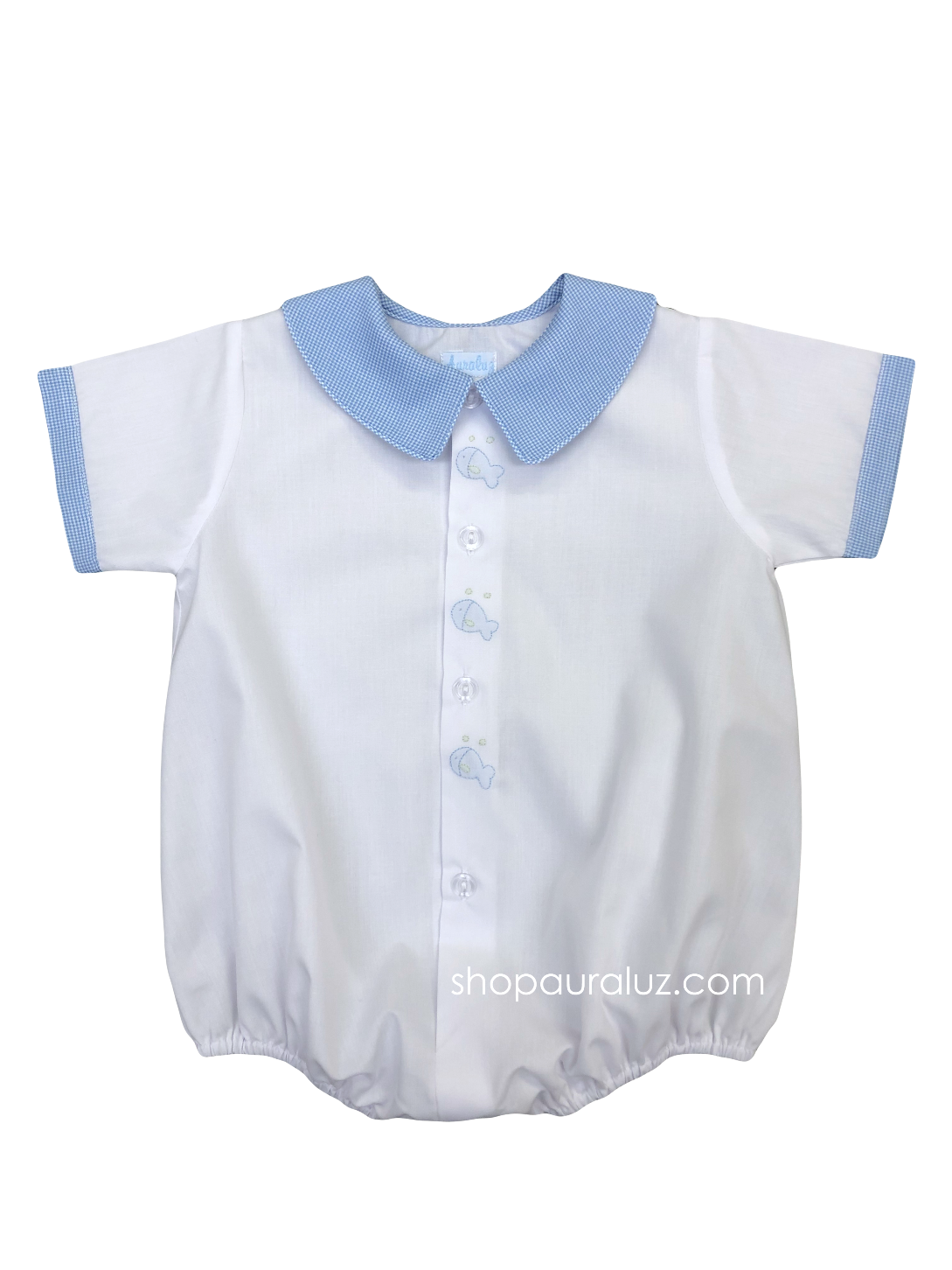 Auraluz Boy Bubble/Button-Front..White w/blue check boy collar and embroidered fish