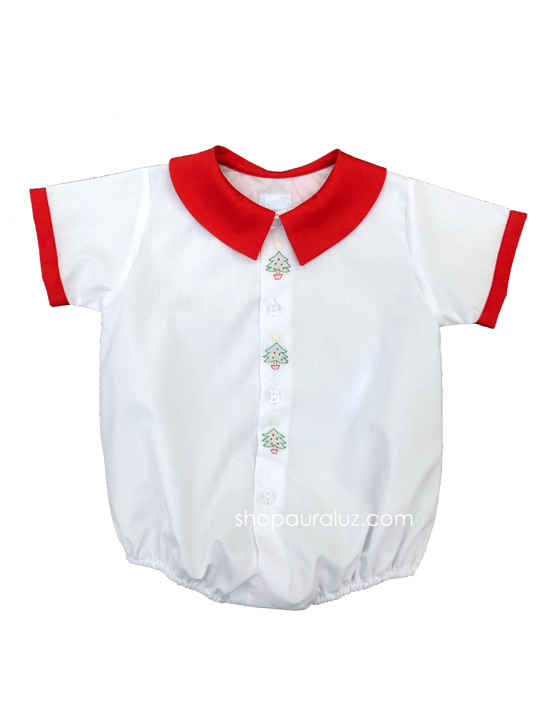Auraluz Christmas Boy Bubble/Button-Front..White with red boy collar and embroidered trees