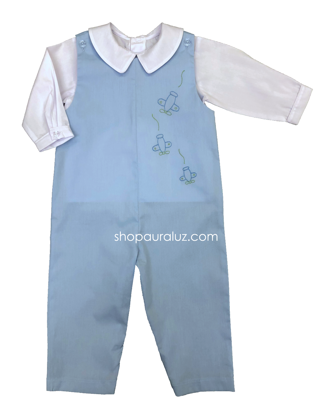 Auraluz Overall/Shirt Set...Blue with embroidered planes