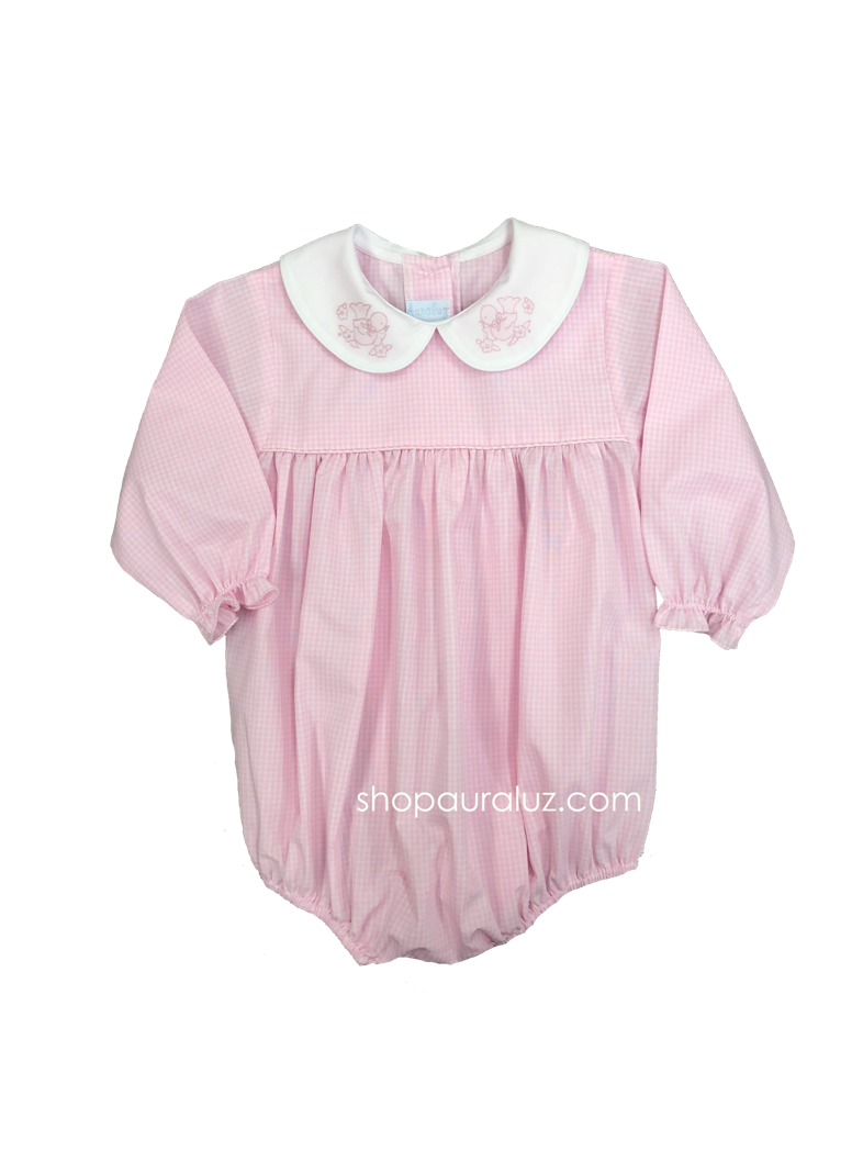 Auraluz Girl Bubble l/s...Pink check with white p.p.collar and embroidered doves