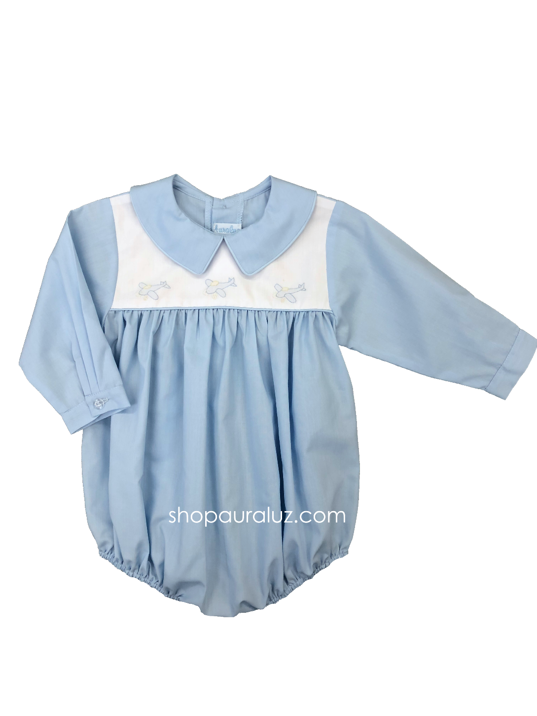 Auraluz Boy Bubble..l/s..Blue with boy collar and embroidered airplanes