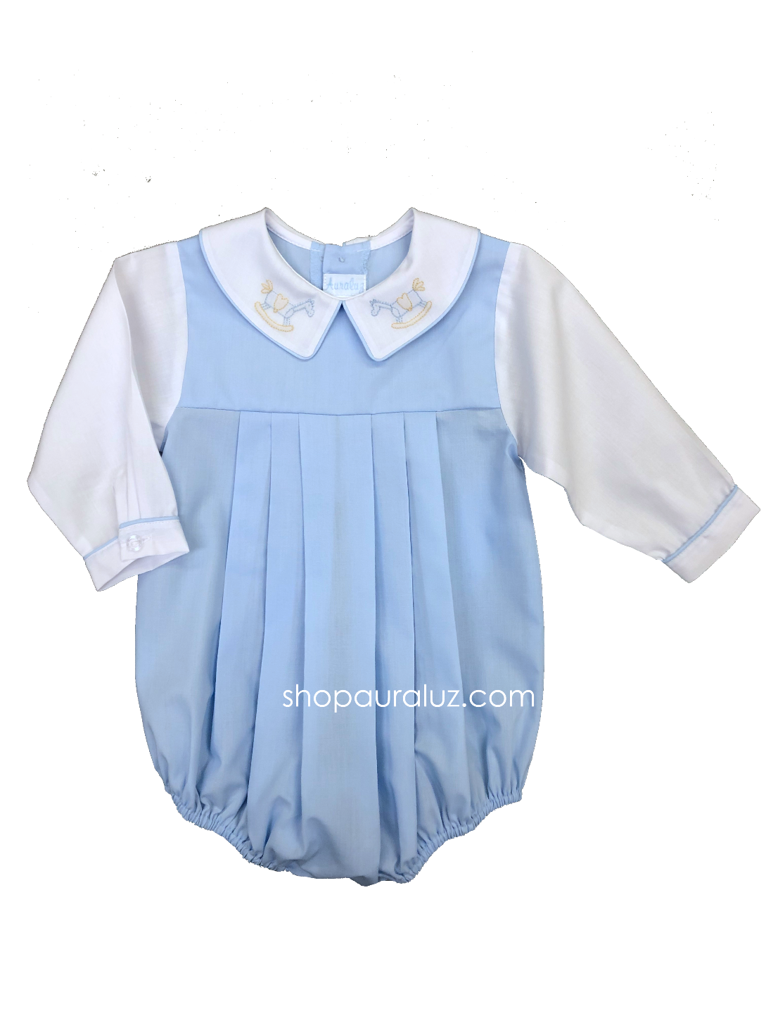 Auraluz Boy Bubble...Blue w/white long sleeves and boy collar with embroidered rocking horses